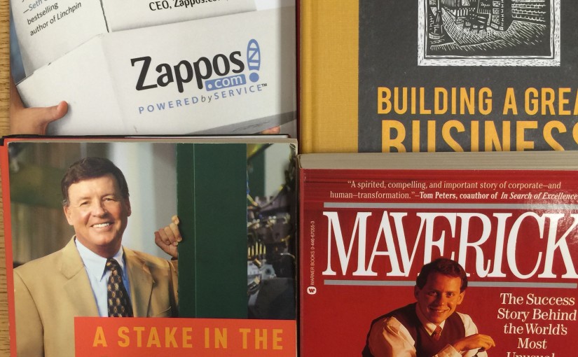 Business books, by Jack Stack, Ricardo Semler, Ari Weinzweig, and Tony Hsieh all inspire socially conscious business